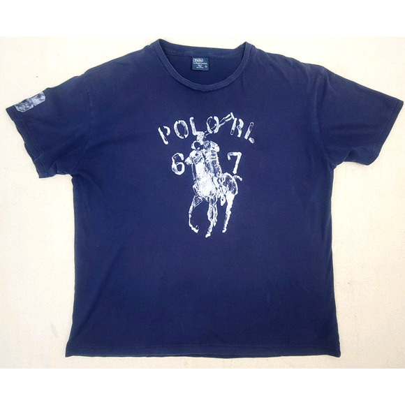 Vintage Polo Ralph Lauren 67 #3 Distressed Graphic T-Shirt Navy Blue Size L Y2K - Picture 1 of 8